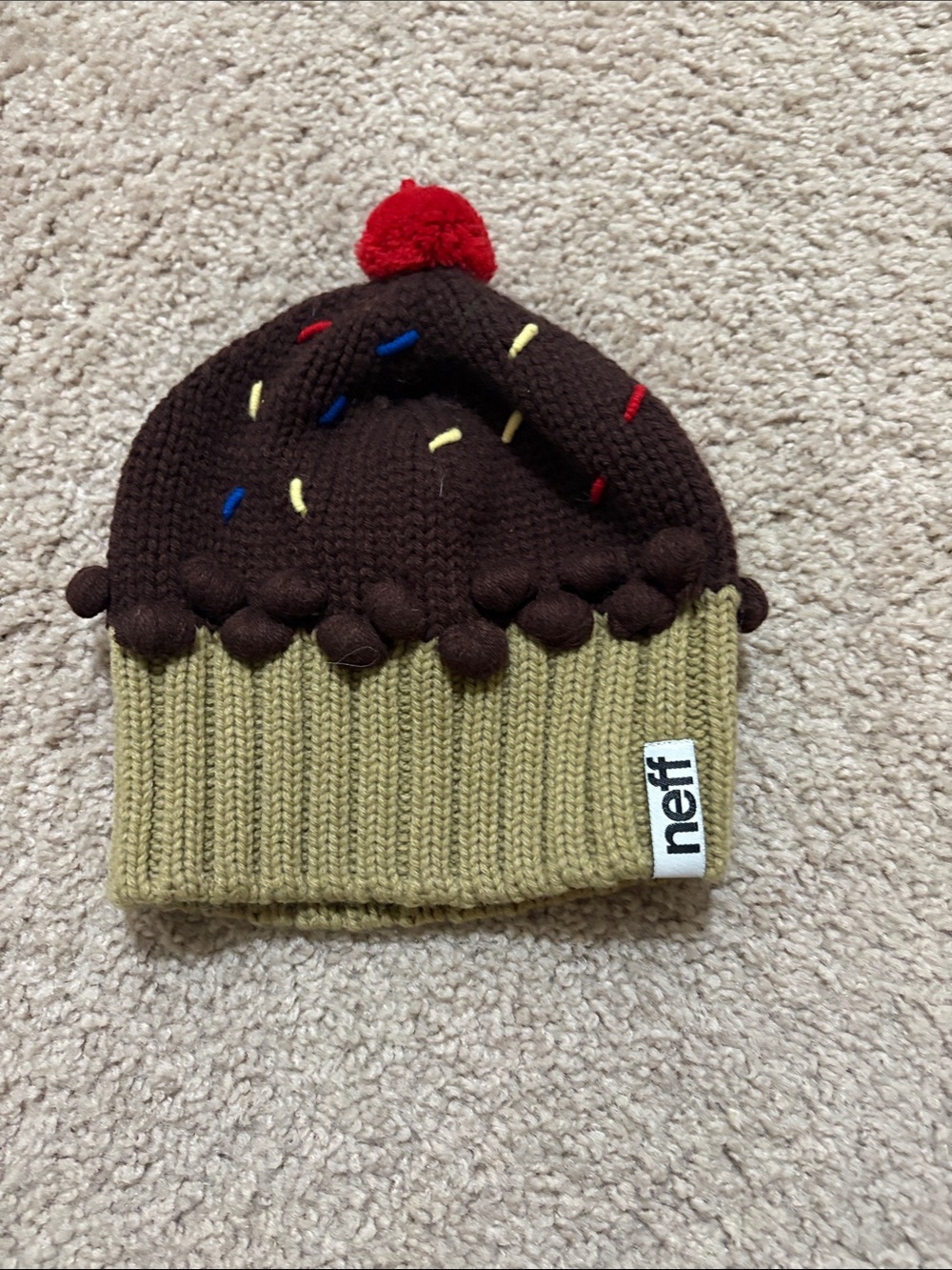 Neff Kids Brown & Tan Cupcake Knit Beanie with Red Pom never worn